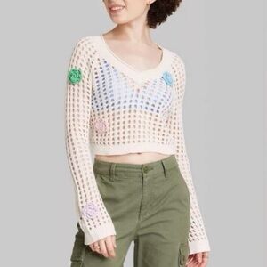 Wild Fable Women's open-knit cropped sweater colorful crochet flower bell sleeve